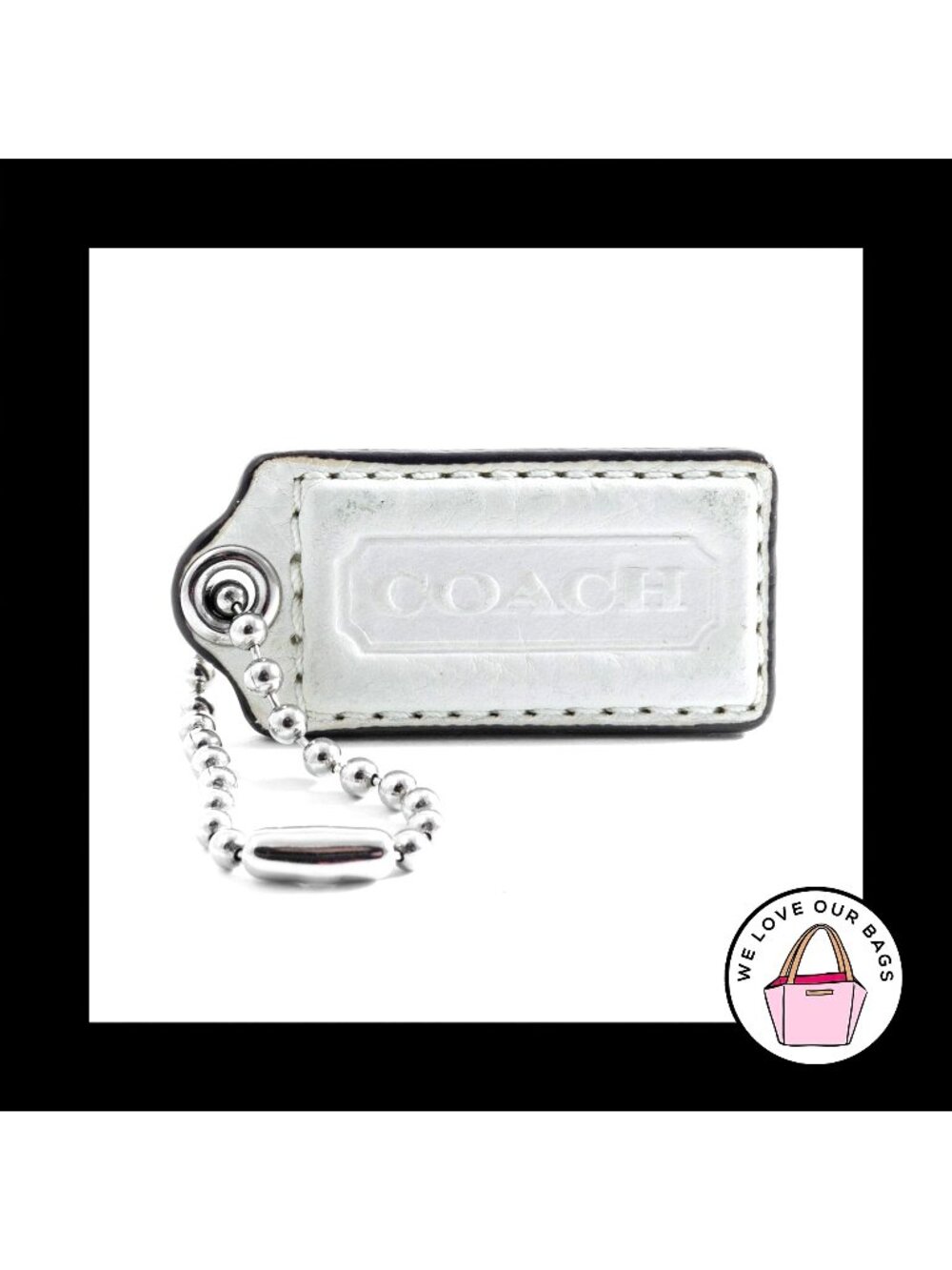 2" Medium COACH WHITE LEATHER Nickel Key Fob Bag Charm Keychain Hang Tag